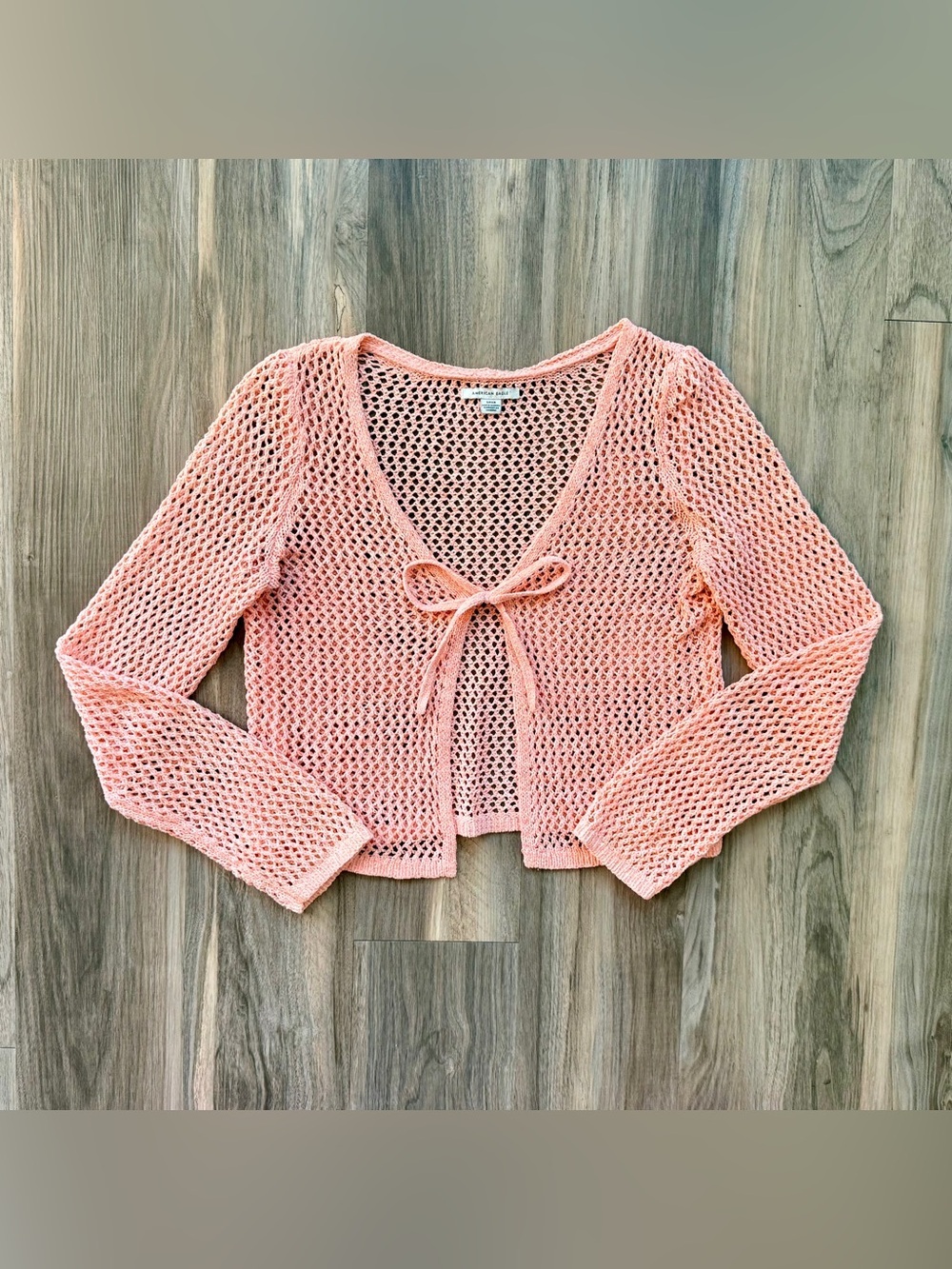 American Eagle Tangerine Open-Weave Tie-Front Cardigan Size S